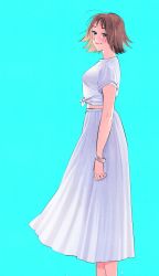 Rule 34 | 1girl, absurdres, aqua background, bangle, blush, bracelet, breasts, brown hair, commentary request, front-tie top, highres, jewelry, long skirt, looking at viewer, medium breasts, original, purple eyes, shirt, shishanmo, short hair, short sleeves, simple background, skirt, solo, white shirt, white skirt