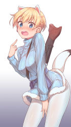 Rule 34 | 10s, 1girl, animal ears, belt, between breasts, between legs, blonde hair, blue eyes, blue sweater, blush, brave witches, breasts, commentary, ermine ears, ermine tail, fur trim, gradient background, gun, hand between legs, highres, konnyaku (kk-monmon), looking at viewer, machine gun, nikka edvardine katajainen, open mouth, pantyhose, pointing, pointing at self, pouch, ribbed sweater, short hair, solo, strap between breasts, sweater, tail, turtleneck, turtleneck sweater, weapon, weapon on back, weasel tail, white pantyhose, world witches series