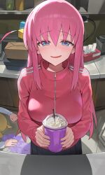 Rule 34 | 2girls, blue eyes, bocchi the rock!, box, breasts, counter, cube hair ornament, cup, disposable cup, drink, drinking straw, gotoh hitori, grimace shake (meme), hair ornament, highres, holding, holding cup, hood (james x), ijichi nijika, jacket, large breasts, long hair, looking at viewer, meme, multiple girls, nervous smile, pink hair, pink jacket, side ahoge, smile, solo focus, tissue box, track jacket, unconscious, whipped cream