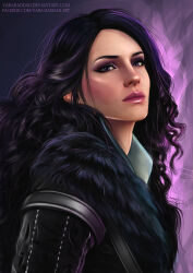 Rule 34 | 1girl, absurdres, black hair, black jacket, fur trim, highres, jacket, long hair, looking at viewer, mole, mole under mouth, purple eyes, simple background, the witcher (series), yarahaddad, yennefer of vengerberg