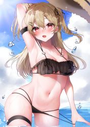Rule 34 | 1girl, absurdres, aoi migo, armband, bare shoulders, bikini, black bikini, black hairband, blonde hair, blue sky, blush, breasts, cloud, collarbone, cowboy shot, ear piercing, fang, frilled bikini, frills, hair between eyes, hairband, hand up, highres, legband, long hair, looking at viewer, navel, ocean, open mouth, original, piercing, red eyes, skin fang, sky, small breasts, smile, solo, standing, stomach, sweat, swimsuit, thighs, tongue