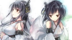 Rule 34 | 10s, 2girls, alternate eye color, bare shoulders, black hair, breasts, brown eyes, detached sleeves, epaulettes, fusou (kancolle), hair ornament, headgear, highres, japanese clothes, kamiyoshi rika, kantai collection, large breasts, long hair, looking up, multiple girls, nontraditional miko, open mouth, own hands together, rain, short hair, twitter username, wet, yamashiro (kancolle)
