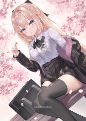Rule 34 | 1girl, bag, black bow, black bowtie, black jacket, black skirt, black thighhighs, blonde hair, blue eyes, blush, bow, bowtie, braid, breast pocket, cherry blossoms, cherry tree, crossed bangs, dutch angle, earrings, falling petals, flower, hair between eyes, hair bow, hand up, highres, holding, holding flower, jacket, jewelry, long hair, looking at viewer, off shoulder, on bench, open mouth, original, outdoors, parted bangs, petals, pleated skirt, pocket, school bag, school uniform, shirt, shirt tucked in, sitting, skirt, solo, thighhighs, thighs, white shirt, yeosi