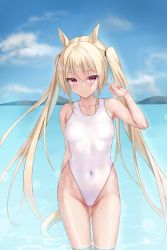 Rule 34 | 1girl, animal ears, arm behind back, bad id, bad pixiv id, blonde hair, blue sky, blush, breasts, chucolala, cloud, cloudy sky, collarbone, cowboy shot, day, hair between eyes, hand up, highleg, highleg swimsuit, highres, jawr8473, long hair, looking at viewer, medium breasts, navel, ocean, one-piece swimsuit, outdoors, red eyes, sky, smile, solo, standing, suzumiya rin, swimsuit, tail, twintails, very long hair, virtual youtuber, wading, water, wet, white one-piece swimsuit