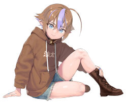 ahoge androgynous arm_support bell blue_eyes blue_shorts boots bow brown_footwear brown_hair brown_hoodie closed_mouth clothes_writing commentary commission conto cross-laced_footwear crossed_bangs cutoffs denim denim_shorts english_commentary hair_bow hood hood_down hoodie indie_virtual_youtuber knee_up lace-up_boots looking_at_viewer mole mole_under_eye mole_under_mouth neck_bell pixiv_commission pointy_ears purple_streaks ryohta_(vtuber) short_hair shorts simple_background sitting smile solo thighs variant_set virtual_youtuber white_background