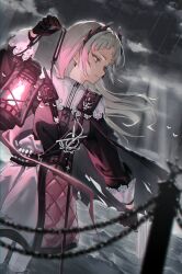 Rule 34 | 1girl, arknights, black cape, black gloves, cape, capelet, closed mouth, cloud, cloudy sky, commentary, earrings, gloves, grey eyes, grey hair, head wings, highres, holding, holding lantern, irene (arknights), jewelry, lantern, light rays, long hair, long sleeves, outdoors, skirt, sky, solo, sye, white capelet, white skirt, wings