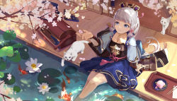 Rule 34 | 1girl, absurdres, arm guards, armor, armored dress, ayaka (genshin impact), bare legs, basket, blue capelet, blue eyes, blunt bangs, branch, breastplate, breasts, capelet, cat, cherry blossoms, chopsticks, cleavage, closed mouth, fish, flower, flower knot, folding fan, food, from above, genshin impact, hair ornament, hair ribbon, hand fan, hand up, highres, japanese armor, kusazuri, lily pad, long hair, looking up, lotus, mojideliangchen liangchen, mole, mole under eye, neck tassel, outdoors, partially submerged, ribbon, ripples, silver hair, sitting, sliding doors, smile, tray, tress ribbon, wagashi, white cat