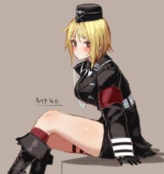 aiguillette akitaka_takaaki armband belt black_jacket black_necktie black_skirt blonde_hair blush boots breasts brown_eyes closed_mouth collared_shirt cross garrison_cap german_clothes girls&#039;_frontline gloves half_gloves hat highres historical_connection iron_cross jacket leather leather_boots looking_at_viewer military military_hat military_uniform mp40_(girls&#039;_frontline) nazi necktie red_armband red_socks shirt short_hair simple_background sitting skirt socks solo thick_thighs thigh_belt thigh_strap thighs