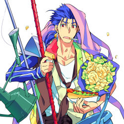 Rule 34 | 1boy, armor, blue hair, bouquet, casual, cigarette, cu chulainn (fate), earrings, fate/hollow ataraxia, fate/stay night, fate (series), fishing rod, flower, food, gae bolg (fate), jewelry, kon manatsu, cu chulainn (fate/stay night), long hair, male focus, multiple persona, polearm, ponytail, popsicle, red eyes, sexy44, solo, spear, weapon