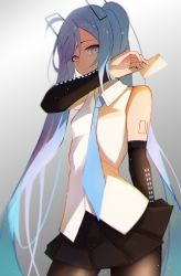 Rule 34 | 1girl, arm behind back, arm tattoo, black skirt, blue eyes, blue hair, card, covering own mouth, detached sleeves, hatsune miku, hatsune miku (vocaloid4), highres, holding, holding card, jijing zishui, long hair, skirt, solo, tattoo, twintails, very long hair, vocaloid