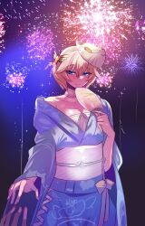 Rule 34 | 1boy, absurdres, aerial fireworks, androgynous, bare shoulders, bird hair ornament, blonde hair, blue eyes, blue kimono, blush, cat mask, closed mouth, collarbone, commentary, cowboy shot, d kake2, fireworks, hair between eyes, hair ornament, hand fan, highres, holding, holding fan, homare nao, japanese clothes, kimono, looking at viewer, male focus, mask, mask on head, night, night sky, obi, off shoulder, official alternate costume, outdoors, pectoral cleavage, pectorals, pov, pov hands, sash, short hair, sidelocks, sky, solo, standing, taimanin (series), taimanin rpgx, trap, wide sleeves, yukata