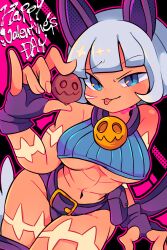 Rule 34 | 1girl, abs, absurdres, animal ears, bell, belt, blue eyes, bob cut, breasts, candy, cat ears, cat tail, chocolate, collar, crop top, dark-skinned female, dark skin, english text, facial scar, fingerless gloves, food, gerigimi18, gloves, highres, looking at viewer, ms. fortune (skullgirls), muscular, muscular female, panties, pouch, revealing clothes, scar, scar on arm, scar on cheek, scar on face, scar on leg, scar on thigh, short hair, skullgirls, slit pupils, smirk, smug, tail, toned, toned female, toned stomach, tongue, tongue out, underboob, underwear, utility belt, valentine, white hair