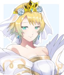 Rule 34 | 1girl, aqua eyes, bare shoulders, blonde hair, blue flower, blue hair, breasts, bridal veil, bride, bride (fire emblem), closed mouth, collarbone, commentary request, dress, earrings, fire emblem, fire emblem heroes, fjorm (fire emblem), flower, gradient hair, hair between eyes, hair flower, hair ornament, jewelry, looking at viewer, medium breasts, multicolored hair, nintendo, rem (eyes 410), short hair, smile, solo, veil, wedding dress, white dress
