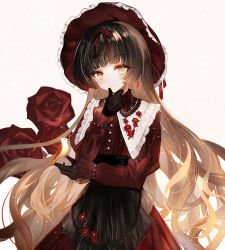 Rule 34 | 1girl, bird, black gloves, black hair, blonde hair, brown dress, brown eyes, buttons, closed mouth, commentary request, cowboy shot, curly hair, dress, earrings, elbow rest, flower, frilled hat, frills, gloves, gradient hair, grey background, hair ribbon, hat, highres, jewelry, juexing (moemoe3345), light blush, long hair, looking at viewer, multicolored hair, original, red flower, red ribbon, red rose, ribbon, rose, sidelocks, smile, solo, standing