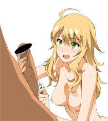 Rule 34 | 10s, 1girl, a1 (initial-g), absurdres, ahoge, blonde hair, breasts, censored, erection, green eyes, handjob, highres, hoshii miki, idolmaster, idolmaster (classic), idolmaster 2, large breasts, legs, long hair, looking up, lube, marker, nipples, nude, open mouth, penis, producer (idolmaster), sweat, thighs, veins, veiny penis, white background