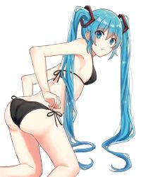 Rule 34 | 1girl, ass, bag, bare arms, bare legs, bikini, black bikini, blue eyes, blue hair, closed mouth, hair between eyes, hair ornament, hatsune miku, itou (srsx2524), kneeling, leaning forward, long hair, looking at viewer, side-tie bikini bottom, simple background, solo, swimsuit, twintails, very long hair, vocaloid, white background