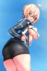 Rule 34 | 1girl, ahoge, artoria pendragon (fate), ass, bike shorts, bikini, blonde hair, braid, breasts, commentary request, fate/grand order, fate (series), french braid, glasses, hair between eyes, hair ribbon, highres, huge ass, jacket, kiss, large breasts, long hair, looking at viewer, mysterious heroine x alter (fate), mysterious heroine x alter (second ascension) (fate), open clothes, open mouth, ribbon, semi-rimless eyewear, short hair, skin tight, solo, swimsuit, thick thighs, thighs, underboob, white bikini, wide hips, yellow eyes, zuo wei er