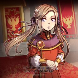 Rule 34 | 1girl, artist name, banner, brown hair, commentary, commission, edelgard von hresvelg, english commentary, eyelashes, fire emblem, fire emblem: three houses, gzei, highres, indoors, long hair, looking at viewer, nintendo, own hands together, parted lips, purple eyes, solo, standing, sunlight, teeth, twitter username, watermark