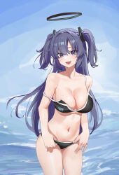 Rule 34 | 1girl, absurdres, bikini, black bikini, black halo, blue archive, blue eyes, blue hair, blush, breasts, commentary, cowboy shot, hair between eyes, halo, highres, large breasts, long hair, looking at viewer, mechanical halo, navel, off shoulder, open mouth, parted bangs, smile, solo, strap slip, swimsuit, two side up, wudongyouyi, yuuka (blue archive)