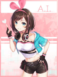 Rule 34 | 1girl, aqua eyes, aqua jacket, belt, belt pouch, black gloves, black shorts, blush, brown hair, choker, collarbone, cowboy shot, crop top, cropped jacket, dangmyo, fingerless gloves, glint, gloves, grin, hairband, hand on own hip, hand up, headphones, headphones around neck, highres, index finger raised, jacket, kizuna ai, kizuna ai (a.i. games), kizuna ai inc., legs apart, looking at viewer, midriff, multicolored hair, navel, official alternate costume, open clothes, open jacket, pink choker, pink hair, pouch, shirt, short hair, short shorts, short sleeves, shorts, sidelocks, smile, solo, standing, stomach, streaked hair, twitter username, virtual youtuber, white shirt, zipper
