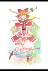Rule 34 | 1girl, bangle, belt, blush stickers, boots, bow, bracelet, capelet, christmas, coat, commentary request, full body, fur-trimmed coat, fur-trimmed sleeves, fur trim, gift, green ribbon, hair bow, highres, holding, holding sack, horn ornament, horn ribbon, horns, ibuki suika, jewelry, letterboxed, long hair, looking at viewer, merry christmas, o (crazyoton46), oni, open mouth, orange hair, pom pom (clothes), red bow, red ribbon, ribbon, sack, santa boots, santa costume, smile, star (symbol), touhou, wide sleeves