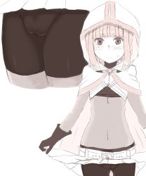 Rule 34 | 1girl, absurdres, belt, bike shorts, blush, cameltoe, cape, close-up, clothes lift, crop top, embarrassed, female focus, gloves, hands up, highres, hood, lifting own clothes, looking at viewer, mahou shoujo madoka magica, minami rena, monochrome, multiple views, nakanun, navel, pleated skirt, short hair, simple background, skirt, skirt lift, sweat, turtleneck, wavy mouth, white background