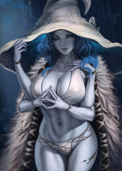 Rule 34 | 1girl, alternate breast size, blue eyes, blue hair, blue skin, breasts, cleavage, cloak, colored skin, crack, cracked skin, dandon fuga, deathbed smalls, elden ring, extra arms, female focus, fingers together, fur cloak, grey skin, hat, highres, holding, holding clothes, holding hat, jewelry, large breasts, large hat, looking at viewer, navel, one-eyed, panties, ranni the witch, ring, solo, underwear, witch, witch hat