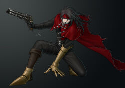 Rule 34 | 1boy, belt, black gloves, black hair, black jacket, black pants, cape, clawed gauntlets, cloak, commentary request, fighting stance, final fantasy, final fantasy vii, full body, gauntlets, gloves, gradient background, gun, hair between eyes, headband, high collar, holding, holding gun, holding weapon, jacket, knee up, long hair, long sleeves, looking at viewer, male focus, armored boots, multiple belts, on one knee, pants, red cape, red cloak, red eyes, red headband, sd supa, serious, single gauntlet, single glove, solo, torn cape, torn clothes, vincent valentine, weapon
