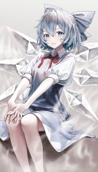 Rule 34 | 1girl, absurdres, blue eyes, cirno, highres, ice, ice wings, looking at viewer, short hair, sitting, smile, solo, torinari (dtvisu), touhou, wings