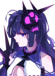 Rule 34 | 1girl, bare shoulders, braid, breasts, cleavage, emio, gauntlets, hair ornament, highres, honkai (series), honkai impact 3rd, long hair, mask, open mouth, purple eyes, purple hair, raiden mei, raiden mei (lightning empress), simple background, single gauntlet, solo, white background