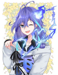 Rule 34 | 1boy, ;d, absurdres, antenna hair, black shirt, blue eyes, blue fire, blue hair, breastless clothes, earrings, fire, floral background, flower, flower request, hair between eyes, highres, hitodama, holostars, index finger raised, jacket, jewelry, karamomo (krmmap), long hair, looking at viewer, low-tied long hair, male focus, minase rio, multicolored hair, necklace, one eye closed, open collar, open mouth, pointing, pointing at viewer, purple hair, shirt, skeleton print, smile, solo, streaked hair, teeth, undershirt, upper body, upper teeth only, virtual youtuber, white jacket, yellow flower