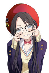 Rule 34 | 1girl, adjusting eyewear, beret, black hair, blue eyes, blush, bow, bowtie, buttons, cardigan, collarbone, commentary request, glasses, hat, highres, idolmaster, idolmaster shiny colors, jacket, long hair, looking at viewer, mitsumine yuika, open collar, open mouth, schreibe shura, shirt, smile, solo, twintails, upper body, white background