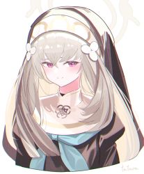 Rule 34 | 1girl, artist name, blue archive, blue neckerchief, blush, capelet, habit, halo, highres, long hair, looking at viewer, neckerchief, nun, pink eyes, sakurako (blue archive), simple background, smile, solo, tatara (alnath may), white background, white hair