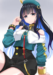 Rule 34 | 1girl, absurdres, bare shoulders, beret, black hair, black shorts, blue hair, bracelet, breasts, buttons, colored inner hair, double-breasted, eyeliner, fate/grand order, fate (series), green hat, green jacket, grey eyes, hasunuma, hat, highres, jacket, jewelry, long hair, looking at viewer, makeup, multicolored hair, neck ring, o-ring, off shoulder, round eyewear, shorts, sidelocks, sitting, small breasts, solo, sunglasses, tenochtitlan (fate), tenochtitlan (second ascension) (fate), thighs, unworn eyewear, wavy hair, zipper