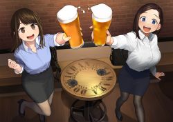 Rule 34 | 2girls, :d, alcohol, beer, blue eyes, blue shirt, blue skirt, blush, borrowed character, breasts, brown eyes, brown hair, collaboration, crossover, cup, douki-chan (douki-chan), dress shirt, earrings, ganbare douki-chan, getsuyoubi no tawawa, hair ornament, hairclip, highres, himura kiseki, holding, holding cup, jewelry, kouhai-chan (tawawa), large breasts, looking at viewer, mole, mole under eye, multiple girls, office lady, open mouth, pantyhose, pencil skirt, shirt, short hair, sidelocks, skirt, smile, standing, stitched, third-party edit, yomu (sgt epper)