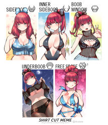 Rule 34 | 1girl, absurdres, black bow, black one-piece swimsuit, black sweater, blue bow, blue ribbon, blue tank top, bow, breasts, building, cleavage, cleavage cutout, clothing cutout, crop top, earrings, english text, hair bow, hair bun, hand up, highres, jewelry, kenron toqueen, large breasts, long hair, meme, multiple drawing challenge, multiple views, naked ribbon, navel, one-piece swimsuit, open mouth, original, panties, pantyhose, polka dot, ponytail, red hair, ribbon, shadow, shirt cut meme, single hair bun, sleeveless, sleeveless sweater, smile, sparkle, standing, sweater, swimsuit, tank top, tomatita, tongue, tongue out, underboob, underwear, upper body, upshirt, w