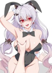 Rule 34 | 1girl, 1other, animal ears, arm behind head, arm up, armpits, bare legs, bare shoulders, black bow, black bowtie, bow, bowtie, breasts, cleavage, collar, commentary request, cowboy shot, detached collar, earrings, fake animal ears, fang, groin, hair bow, hair ornament, highleg, highleg leotard, highres, honkai (series), honkai impact 3rd, jewelry, large breasts, leotard, light blush, long hair, looking at viewer, meme, nobu teio, open mouth, partially shaded face, playboy bunny, pov cheek grabbing (meme), presenting armpit, rabbit ears, red eyes, simple background, sitting, theresa apocalypse, theresa apocalypse (luna kindred), theresa apocalypse (lunar vow: crimson love), thighs, very long hair, white background, white collar, white hair, white wrist cuffs, wrist cuffs