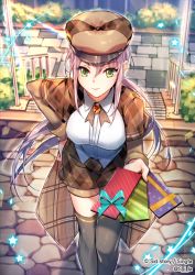 Rule 34 | 1girl, blue ribbon, brown hair, chocolate, copyright name, detective, gem, green eyes, hand on own hip, hat, jewelry, looking at viewer, outdoors, plaid, plaid headwear, ribbon, shorts, sid story, sila (carpen), smile, solo, star (symbol), watermark