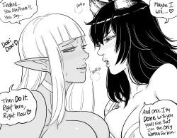 Rule 34 | 2girls, absurdres, animal ears, bb (baalbuddy), black hair, blush, breast press, breasts, dark-skinned female, dark skin, english text, greyscale, half-closed eyes, heart, highres, hime cut, imminent penetration, large breasts, long hair, monochrome, multiple girls, original, parted lips, pointy ears, simple background, speech bubble, symmetrical docking, werewolf, white background, yuri