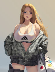 Rule 34 | 1girl, absurdres, bag, blonde hair, breasts, brushdog, camouflage, camouflage jacket, cleavage, cowboy shot, duffel bag, gradient background, highres, jacket, large breasts, long hair, navel, off-shoulder jacket, off shoulder, open clothes, open jacket, open mouth, original, parted bangs, sports bra, thigh strap