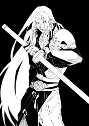 Rule 34 | 1boy, 87, absurdres, aqua eyes, armor, belt, black background, black jacket, final fantasy, final fantasy vii, final fantasy vii remake, gloves, greyscale, highres, holding, holding weapon, jacket, long hair, long jacket, long sleeves, looking at viewer, male focus, masamune (ff7), monochrome, parted bangs, sephiroth, shoulder armor, smile, solo, spot color, square enix, upper body, wavy hair, weapon, white hair