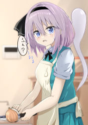 Rule 34 | absurdres, apron, black bow, black hairband, black ribbon, bow, bow hairband, collared shirt, commentary, crying, crying with eyes open, cutting, cutting board, cutting onions, daru (kumakumadon), dress shirt, fang, ghost, green skirt, green vest, hair between eyes, hairband, highres, holding, holding knife, knife, konpaku youmu, konpaku youmu (ghost), medium hair, onion, open mouth, pleated skirt, puffy sleeves, ribbon, shirt, short sleeves, skin fang, skirt, skirt set, speech bubble, tears, tongue, touhou, translated, vest, white hair, white shirt, white sleeves, yellow apron