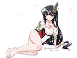 Rule 34 | 1girl, barefoot, black hair, breasts, casual one-piece swimsuit, cleavage, collarbone, commentary request, dated, closed eyes, fusou (kancolle), hair ornament, headgear, kantai collection, large breasts, long hair, lying, masara (chuujou), on side, one-hour drawing challenge, one-piece swimsuit, red eyes, simple background, solo, swimsuit, twitter username, white background, white one-piece swimsuit