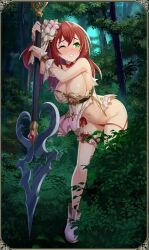 Rule 34 | 1girl, breasts, flower, fressa (queen&#039;s blade), green eyes, hair flower, hair ornament, highres, holding, holding weapon, large breasts, navel, non-web source, official art, panties, queen&#039;s blade, queen&#039;s blade limit break, red hair, red panties, torn clothes, underwear, weapon