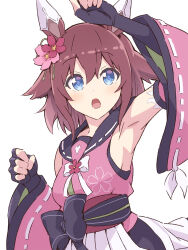 Rule 34 | 1girl, :o, animal ears, armpits, black gloves, blue eyes, breasts, cherry blossoms, chikuwa (majihima), clenched hand, detached sleeves, ear covers, fingerless gloves, flipped hair, flower, gloves, hair between eyes, hair flaps, hair flower, hair ornament, highres, horse ears, horse girl, looking at viewer, medium breasts, purple hair, sakura chiyono o (umamusume), short hair, sideboob, simple background, solo, umamusume, upper body, white background