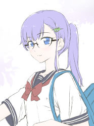 Rule 34 | 1girl, absurdres, blue eyes, blush, breasts, coffeekite, contemporary, fate/extra, fate/extra ccc, fate (series), glasses, hair ornament, hairclip, highres, long hair, looking at viewer, meltryllis (fate), purple hair, sailor collar, school uniform, serafuku, shirt, short sleeves, small breasts, white shirt