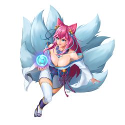 Rule 34 | 1girl, absurdres, ahri (league of legends), animal ears, artist name, artist request, bell, blue eyes, blue tail, breasts, cleavage, collarbone, eyebrows, facial mark, fox ears, fox tail, full body, hair bell, hair ornament, highres, korean clothes, kyuubi, large breasts, league of legends, looking to the side, low neckline, multiple tails, nail polish, off shoulder, simple background, solo, spirit blossom (league of legends), spirit blossom ahri, tail, vastaya, whisker markings, white background, white legwear