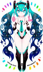 Rule 34 | 1girl, anniversary, aqua eyes, aqua hair, black footwear, blue hair, boots, breasts, bridal gauntlets, character name, full body, gradient hair, hair between eyes, hands up, hatsune miku, headset, highres, hip focus, impossible clothes, impossible leotard, leotard, long hair, looking at viewer, mato tsuyoi, medium breasts, multicolored hair, navel, pointing, rainbow order, simple background, smile, solo, space, sparkle, thigh boots, thighhighs, thighs, very long hair, vocaloid, white background, white leotard, wide hips