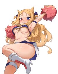Rule 34 | 1girl, ajidot, animal ears, archetto (arknights), arknights, armpits, blonde hair, blue eyes, blue skirt, blush, boots, breasts, hand up, heterochromia, high heel boots, high heels, highres, leg up, long hair, looking at viewer, navel, pom pom (cheerleading), red eyes, skirt, solo, two-tone skirt, white background, white footwear, white skirt
