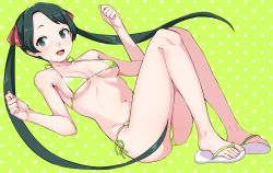 Rule 34 | 1girl, :d, bare arms, bare legs, bare shoulders, barefoot, bikini, black eyes, black hair, blush, breasts, collarbone, green background, green bikini, halterneck, highres, kantai collection, kumadano, long hair, mikuma (kancolle), navel, open mouth, polka dot, polka dot background, sandals, side-tie bikini bottom, small breasts, smile, solo, swimsuit, toes, twintails